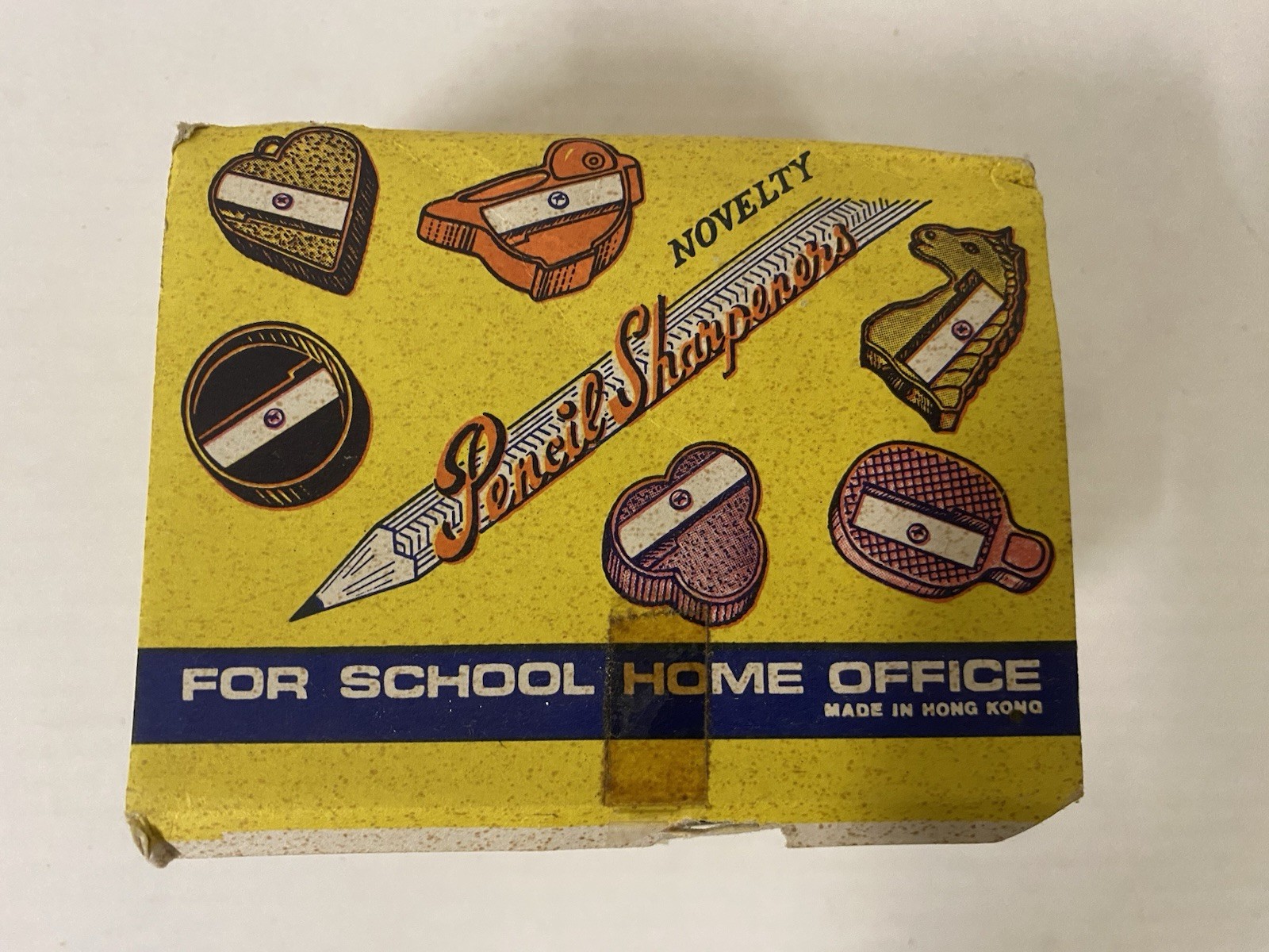 Display box of 48 Novelty Pencil Sharpeners Plastic Hong Kong 1960s 3 Shapes