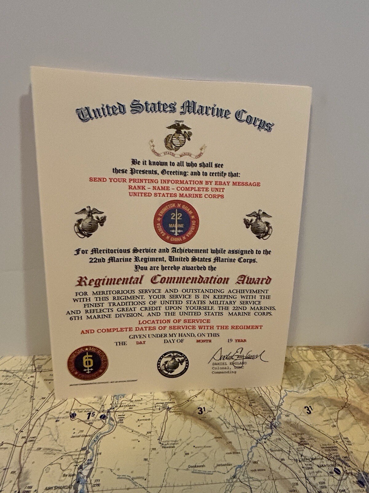 U.S.M.C. / 22ND MARINE REGIMENT - REGIMENTAL COMMENDATION AWARD CERTIFICATE