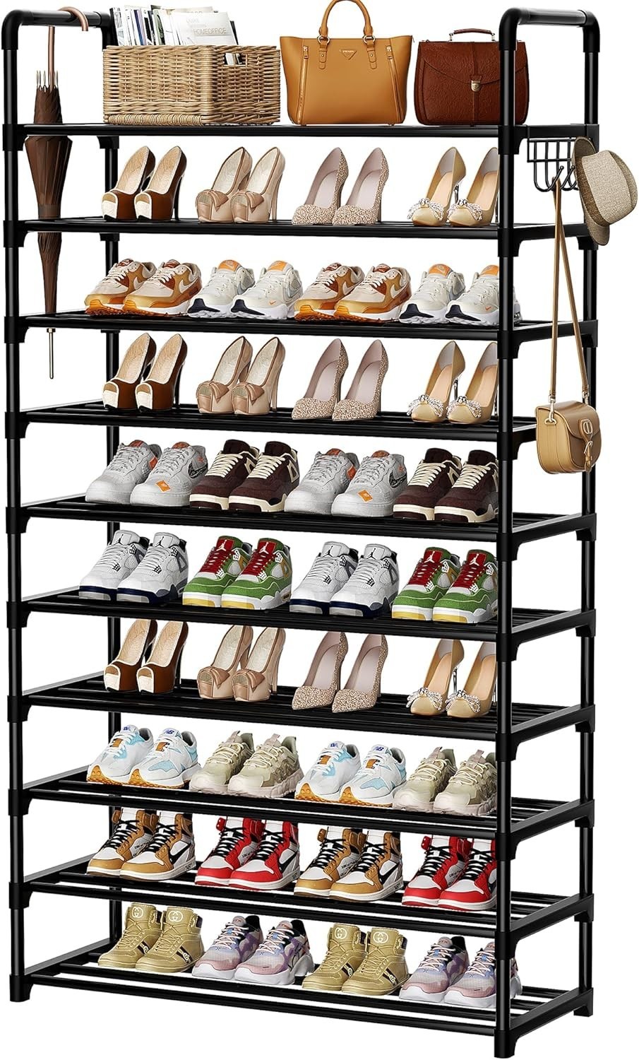 Shoe Rack 10 Tier Shoe Storage Organizer W/ Hooks,Fit 40-45 Pairs Shoes Metal
