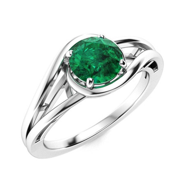 Solitaire 5MM Round Shape Emerald 925 Sterling Silver Split Shank Wedding Ring