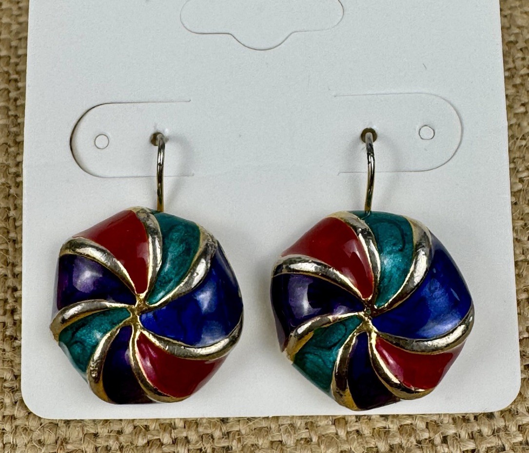 Vintage Earring Enamel Colorful Swirling Gold Tone Pierced Earrings Made In USA
