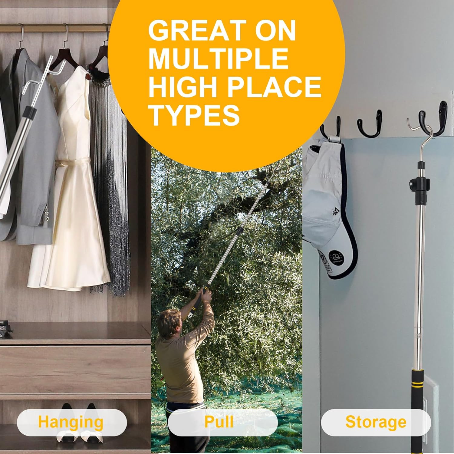 Clothes Hook Pole, High Reach Garment Hook 38“ - 63” Telescoping Pole with 3 Hoo