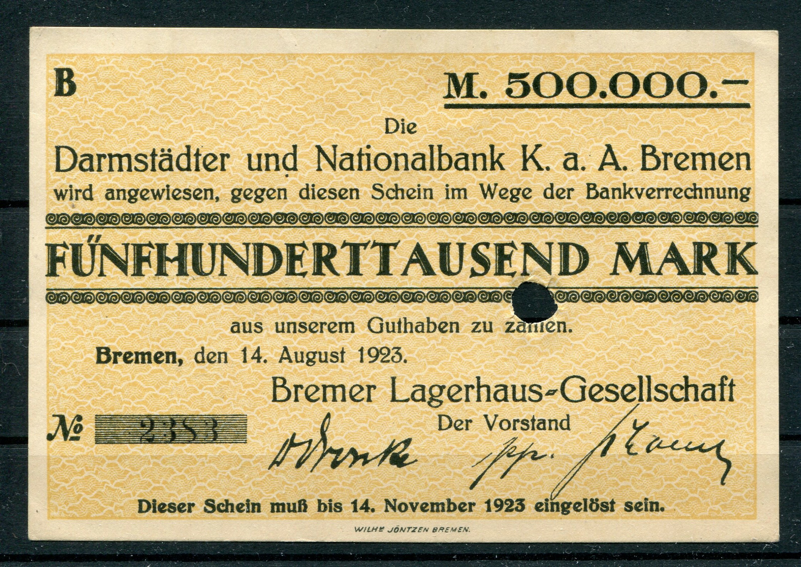 Bremen 500,000 Mark Bremer Lagerhaus Notgeld - Gesellschaft 2/9813