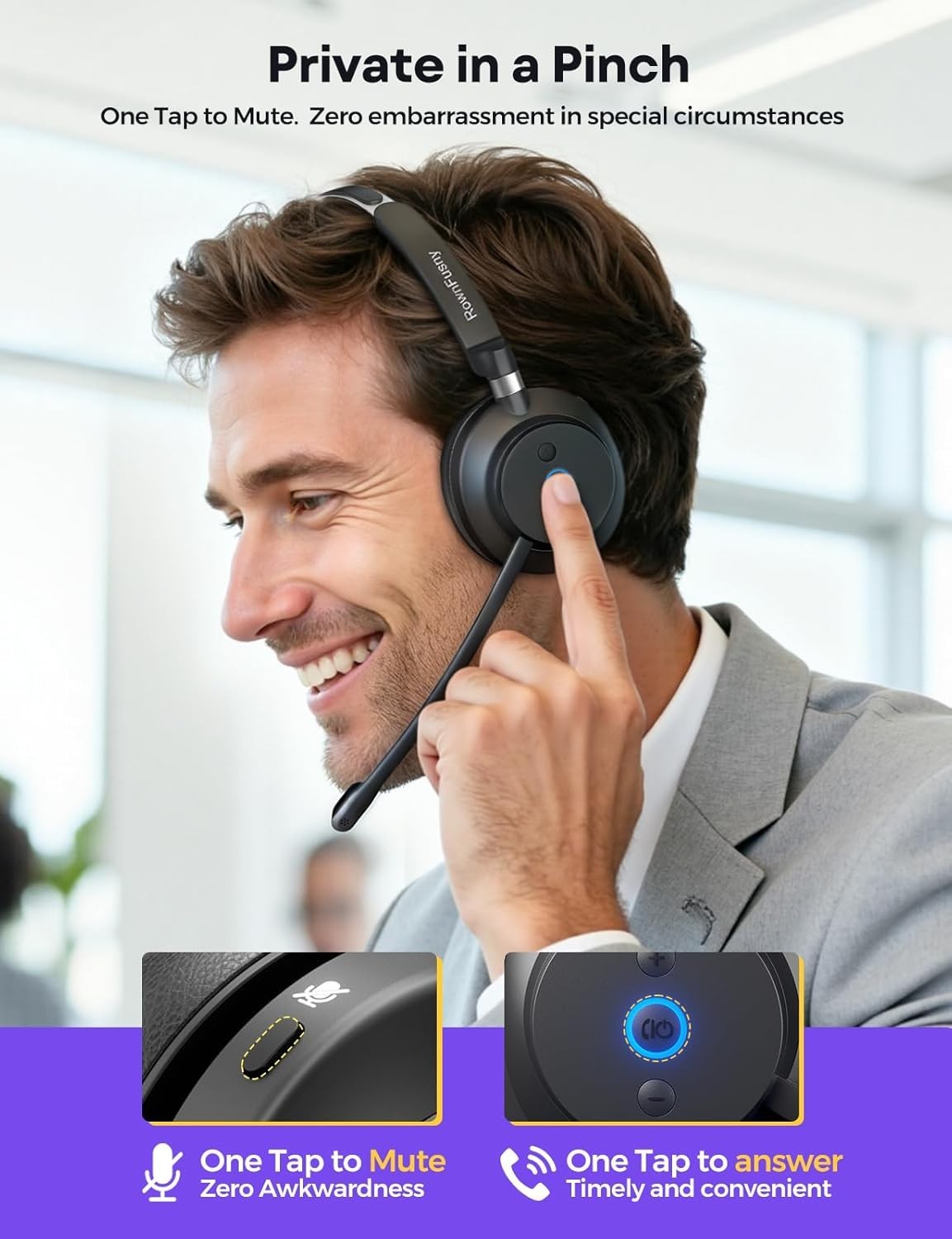 Wireless Headset Clear Sound ＆ Comfortable USB Dongle Microphone for Call Center