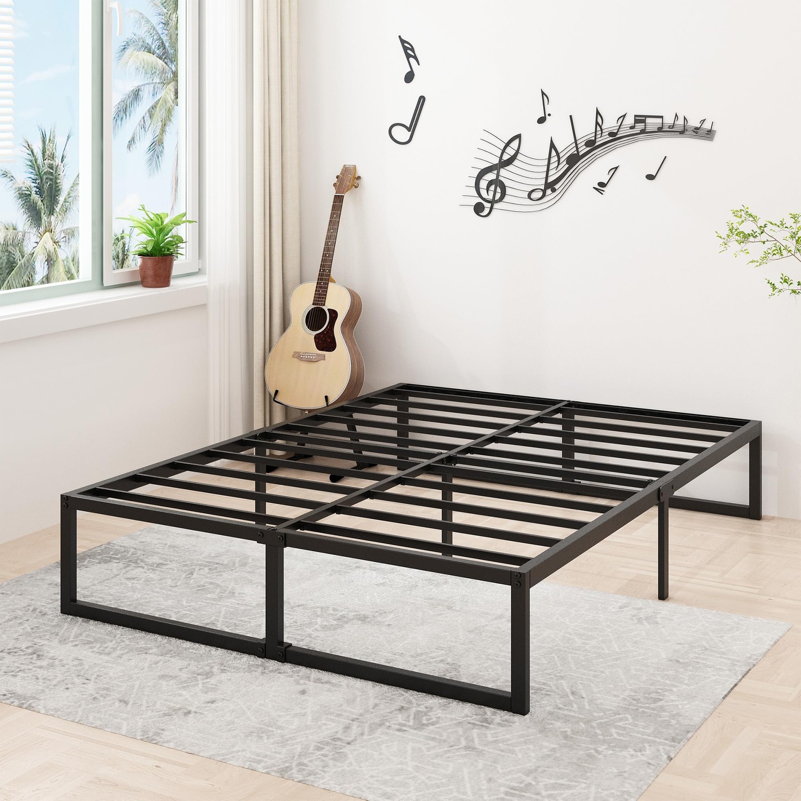 16 Inch Metal Platform Bed Frame, No Box Spring, Heavy Duty, Black