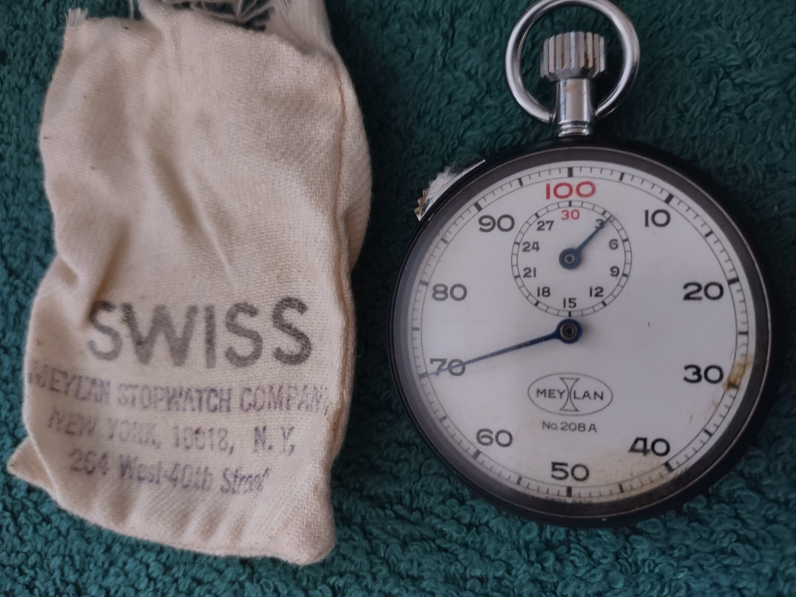1950s Swiss Made Meylan Mechanical Wind-Up Stop Watch w/NY Case, Bag & Care Card