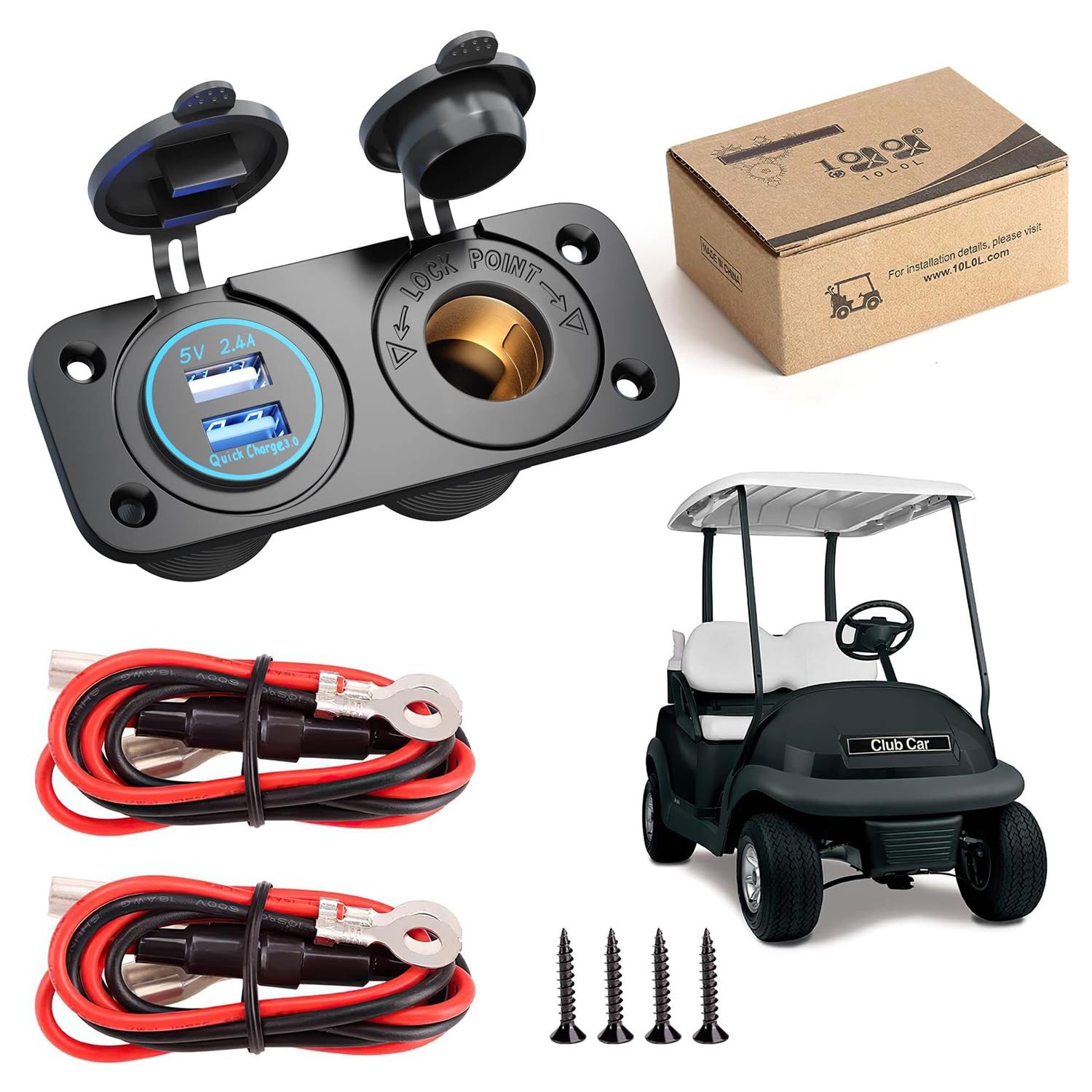 10L0L Golf Cart Cigarette Lighter Outlet & Quick Charge 3.0 DC 12V Black