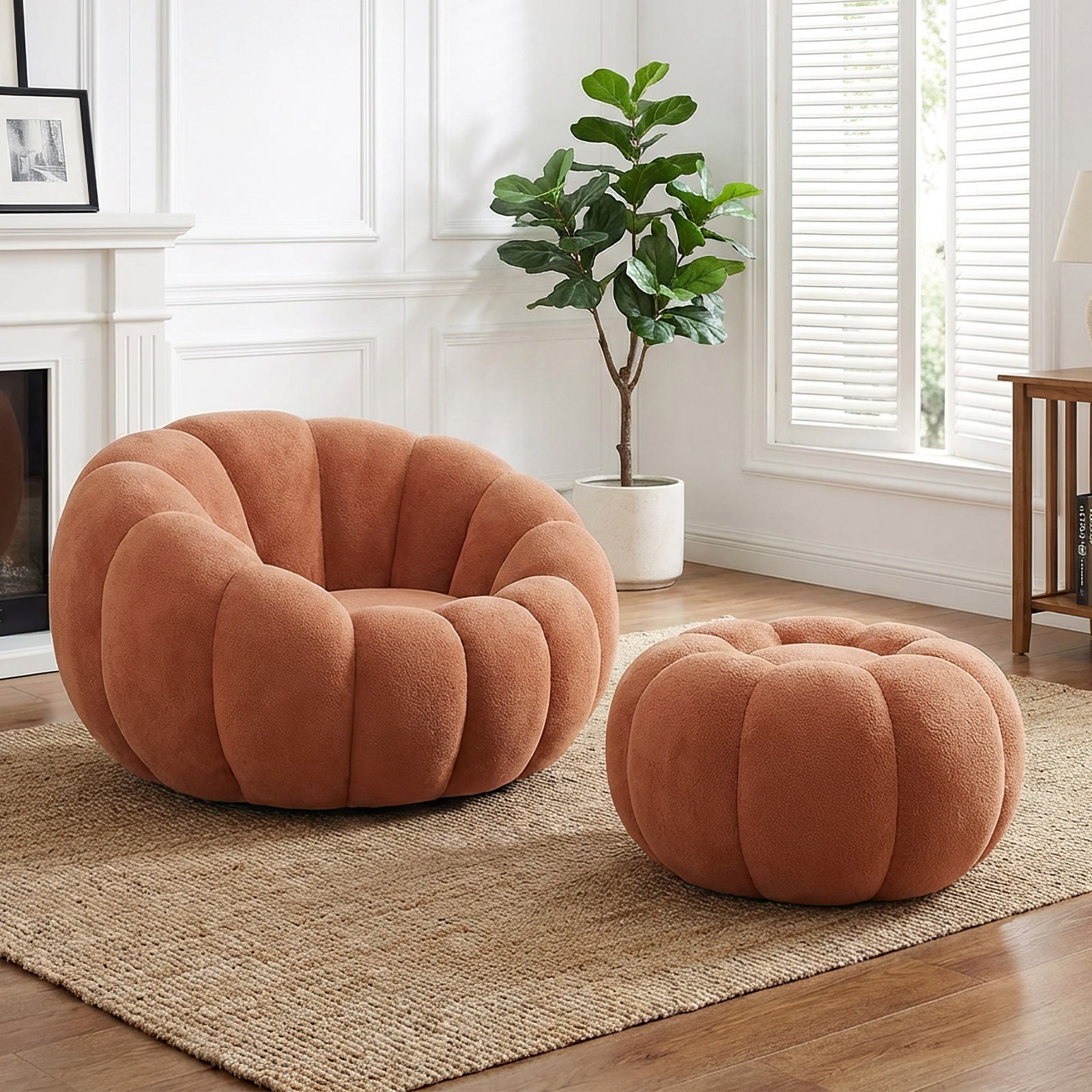 Pumpkin Shape Lounge Chair & Footstool - Brown