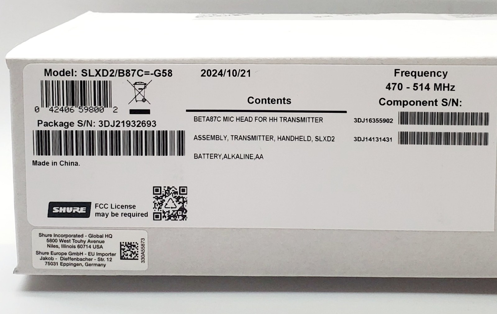 Shure SLXD2/B87C Wireless Handheld Microphone Transmitter with Beta 87C G58