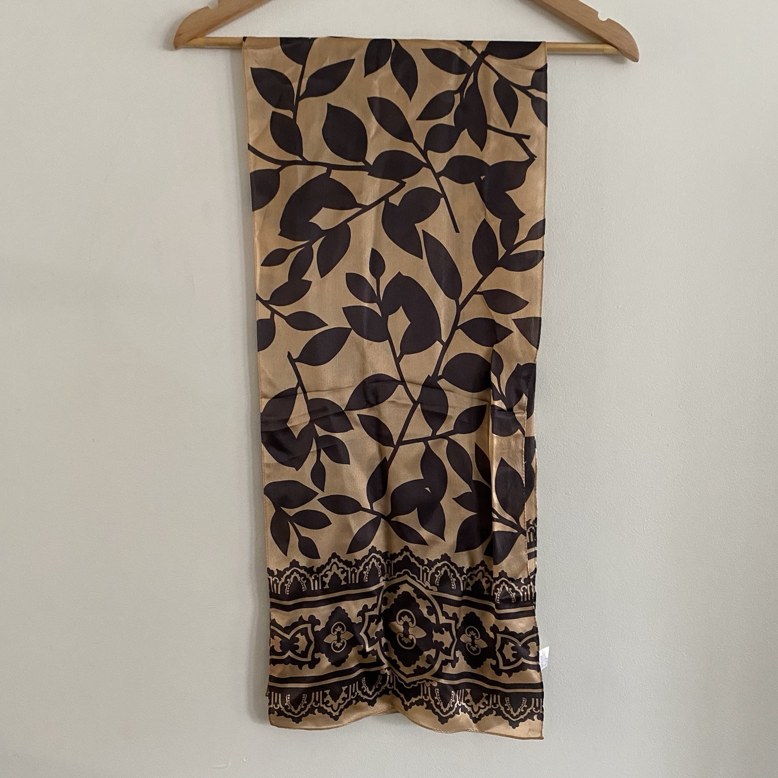 Echo Silk Scarf Gold Black Leaf Print Satin Feel Elegant Preppy