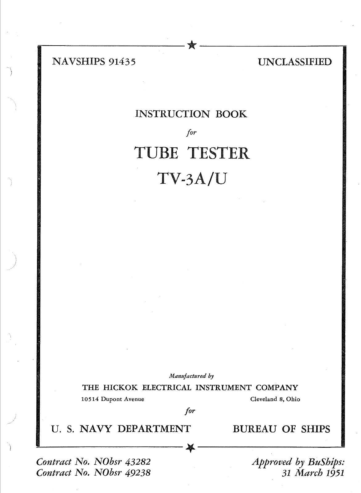 102 page TV-3 TV-3A/U Electron Tube Tester NAVSHIPS 91435 Technical Manual on CD