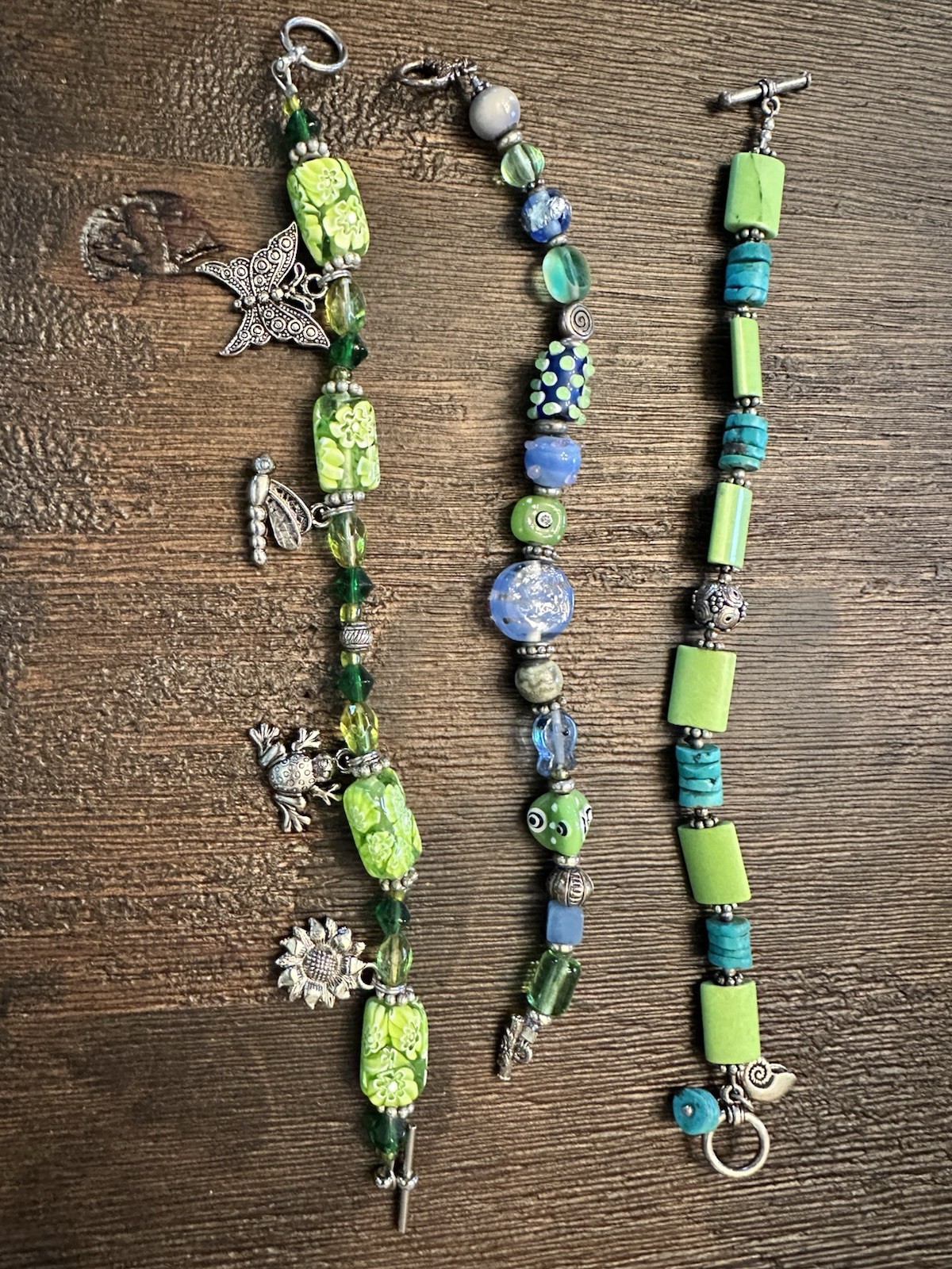 Green & Blue Glass Beaded Charm Bracelets Set, Adjustable Toggle Closure, Silver