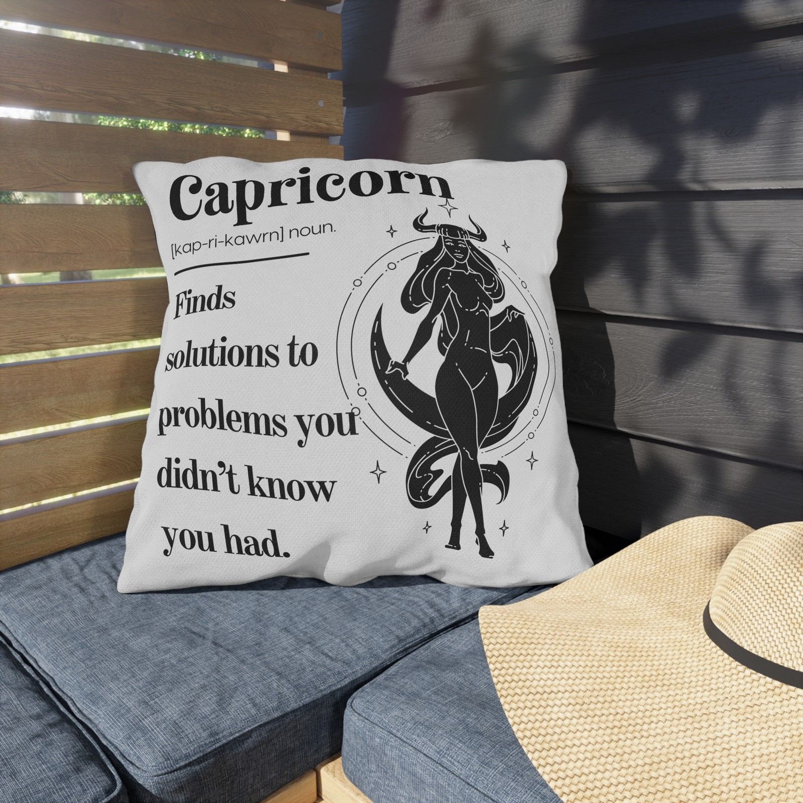 Zodiac Capricorn Noun Outdoor Pillow, Astrology Home Decor, Water Sign Cushion
