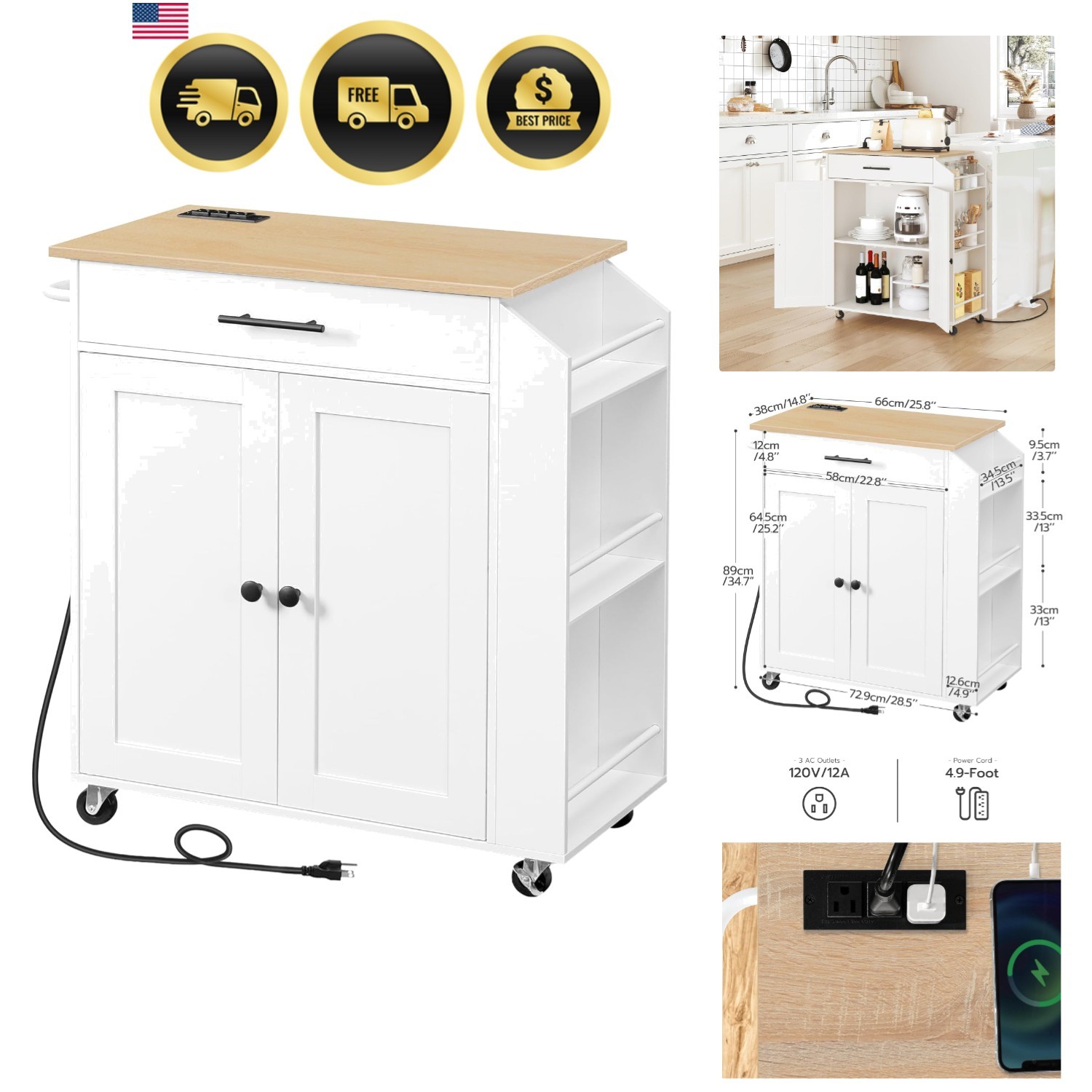 Kitchen Island with Power Outlet Storage Cart Rolling Spice Rack Modern White
