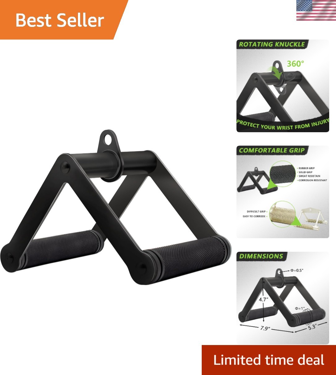 Double D Row Handle Cable Attachment for Weight Workout, Steel with Non-Slip ...