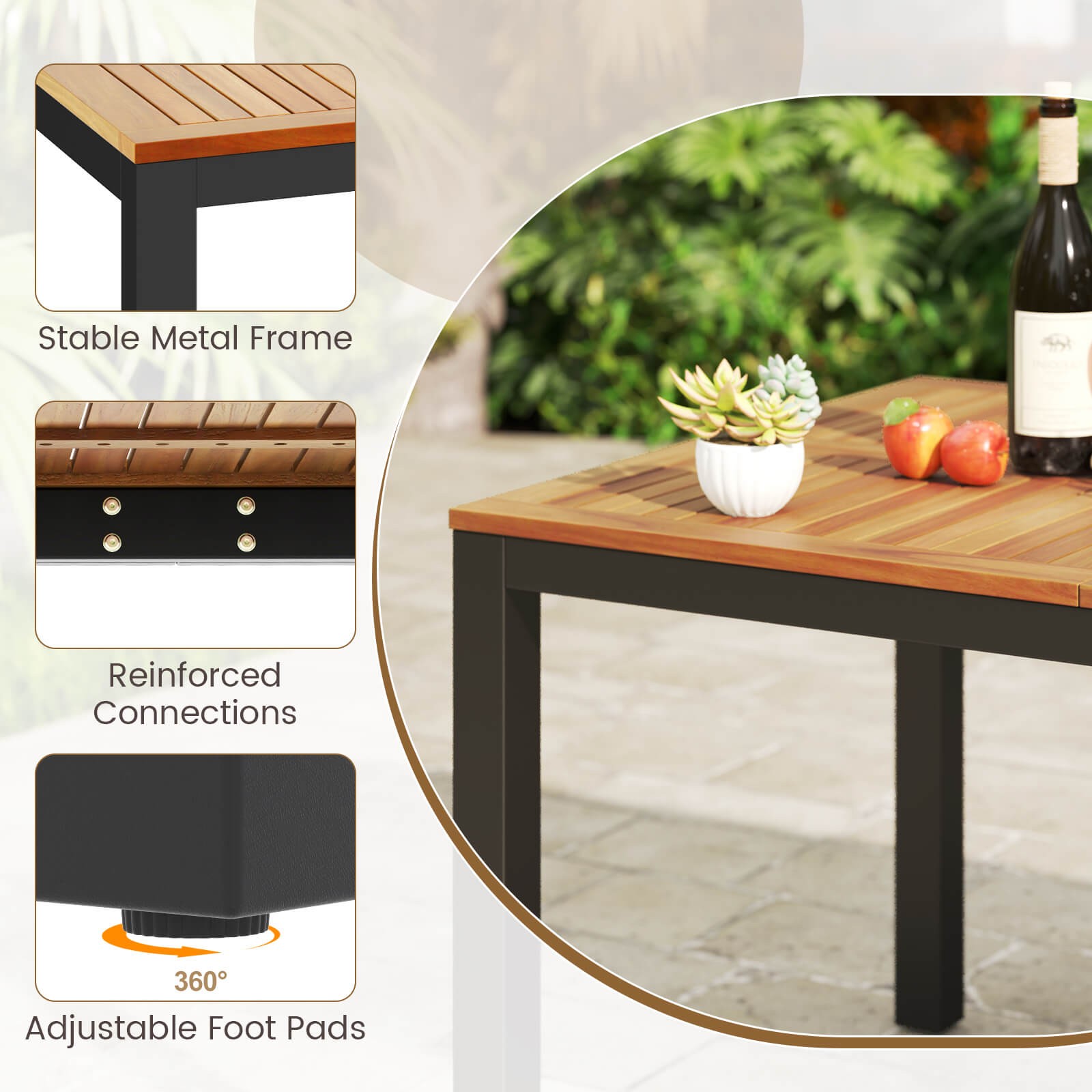9-Piece Outdoor Patio Furniture w/ Large Wooden Tabletop & Umbrella Hole