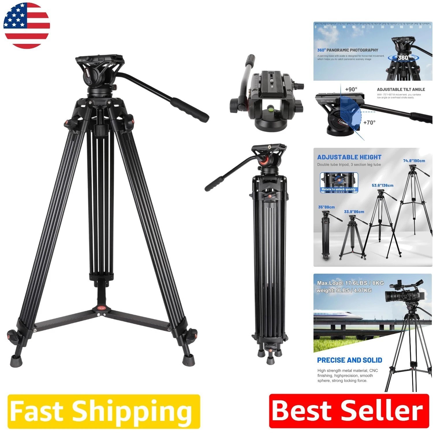 Professional 74" Camera Tripod Stand - Heavy Duty, 360° Fluid Head, Quick Rel...