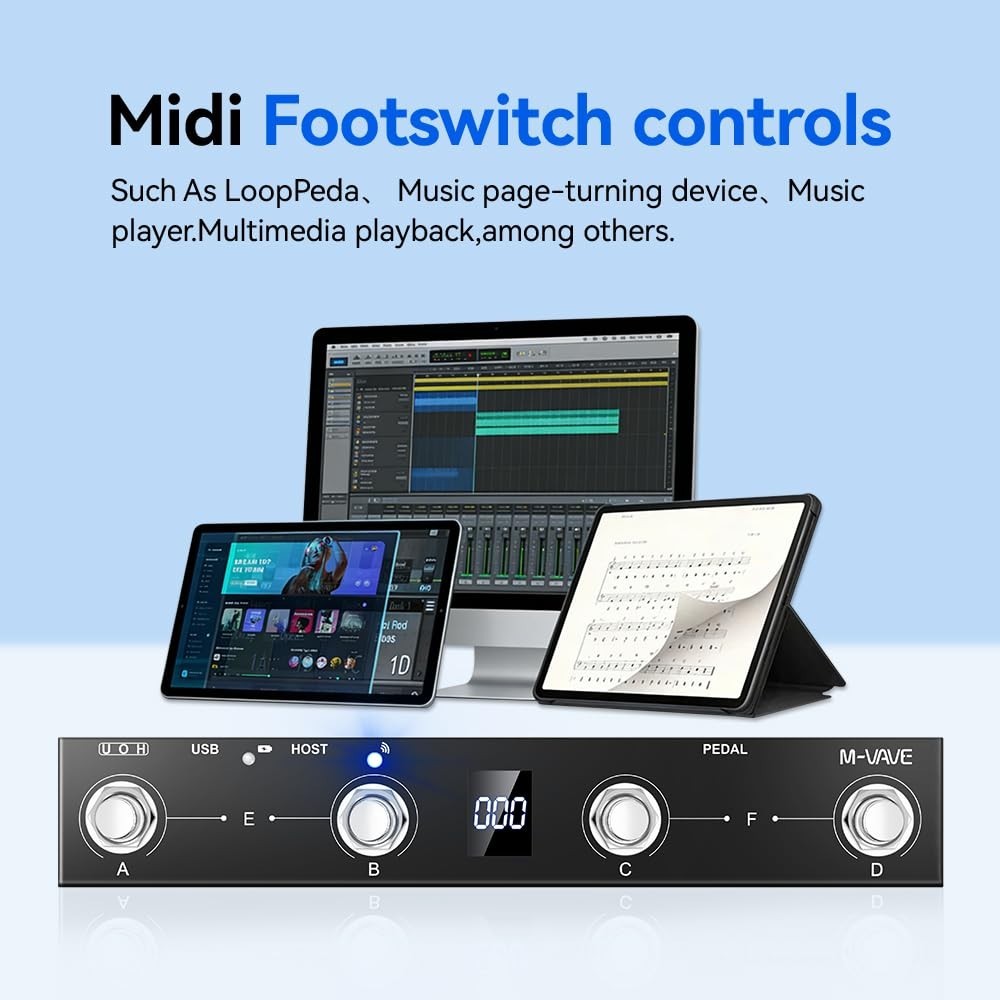 Wireless MIDI Foot Controller - Bluetooth Footswitch with 4 Buttons, Rechargeabl