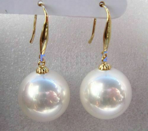 HUGE AAA 16mm Natural South Sea White Shell Pearl Earrings 14k Gold