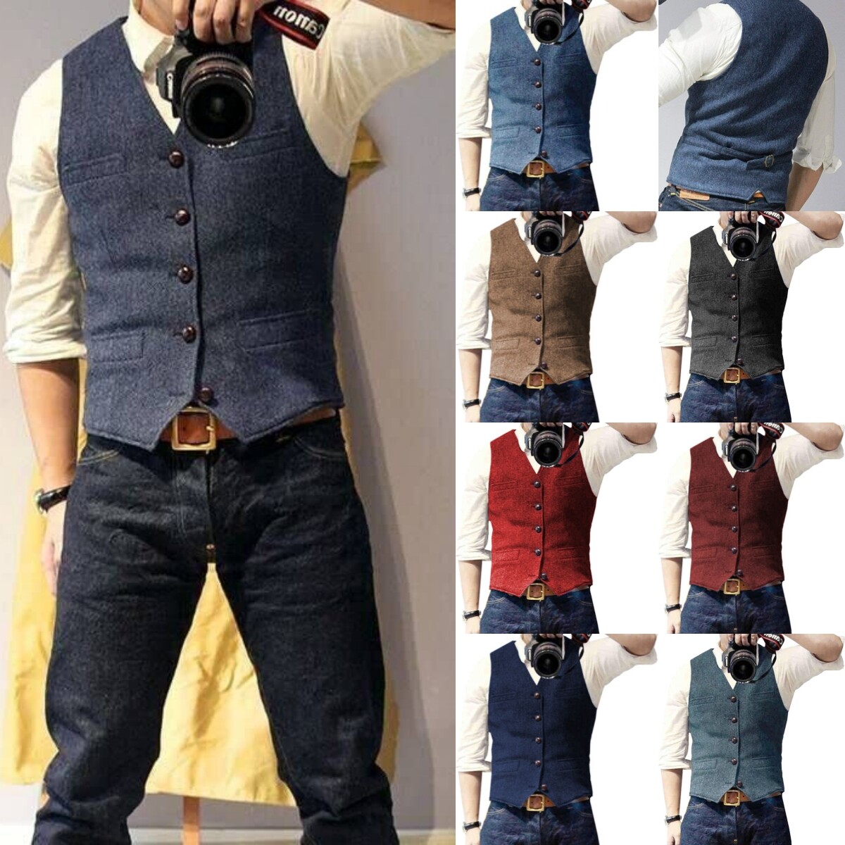 Mens Retro Tweed Vests Herringbone Wedding Vintage Groomsman Waistcoats M L XL