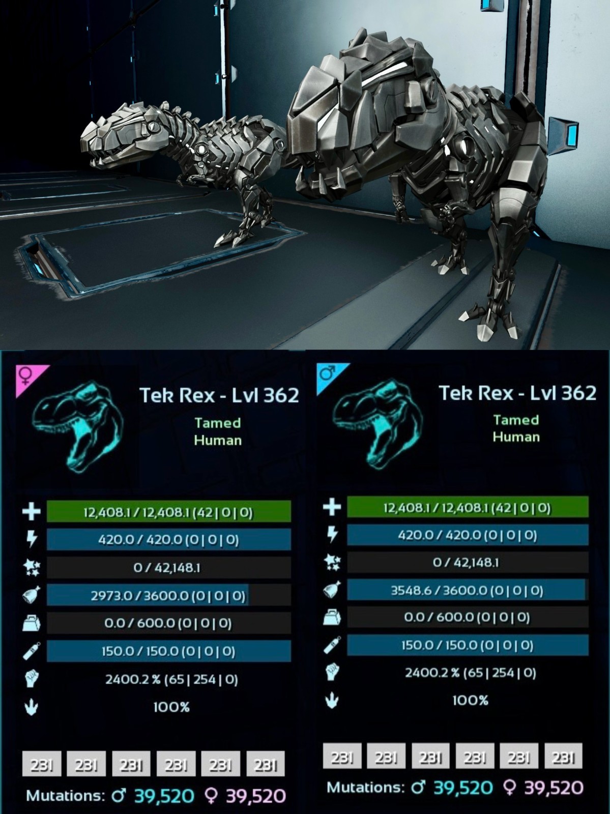 Tek Rex 2400% Max Melee, ASA 100%Full Imprinted Full ColorPair Survival Ascended
