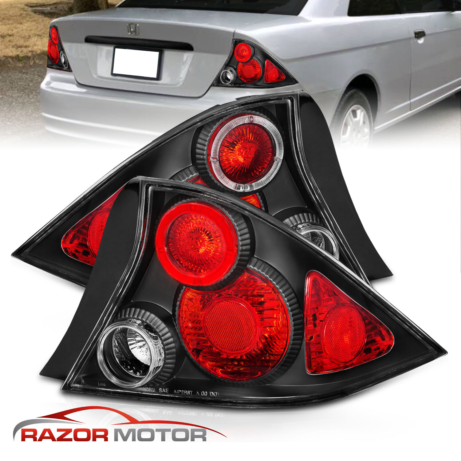 For 2001 2002 2003 Honda Civic 2DR Coupe Altezza Style Black Brake tail lights