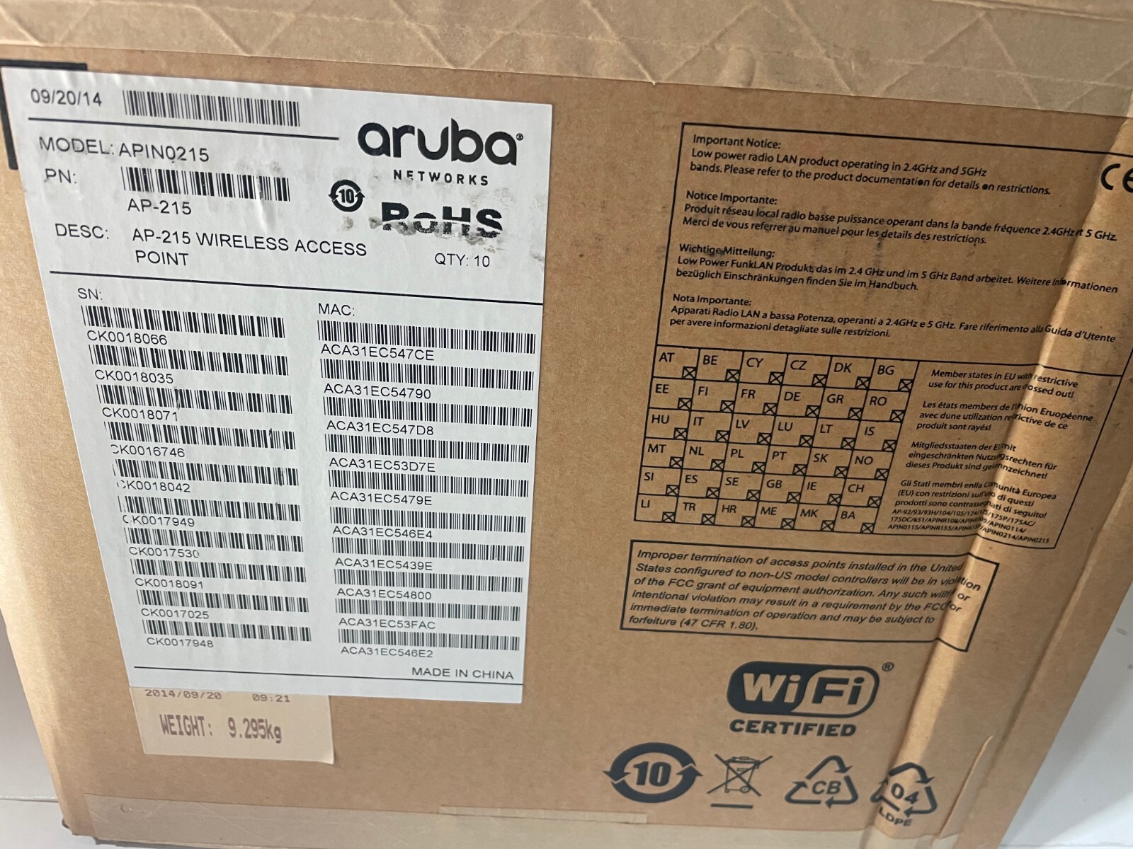 Lot of 10 Aruba 210 SERIES APIN0215 AP-215 Wireless Access Point New Sealed