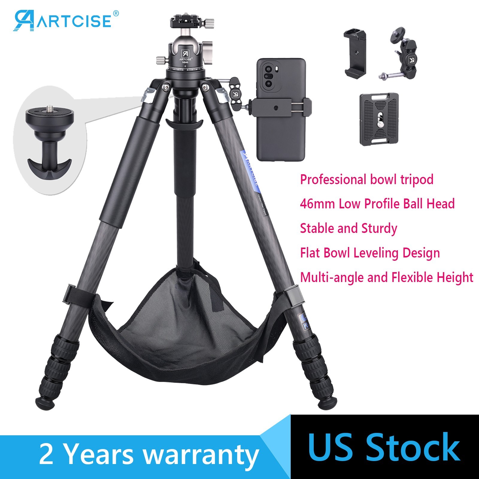 Carbon Fiber Bowl Tripod Heavy Duty Tripod with 46mm Low Profile Ball Head 44lbs