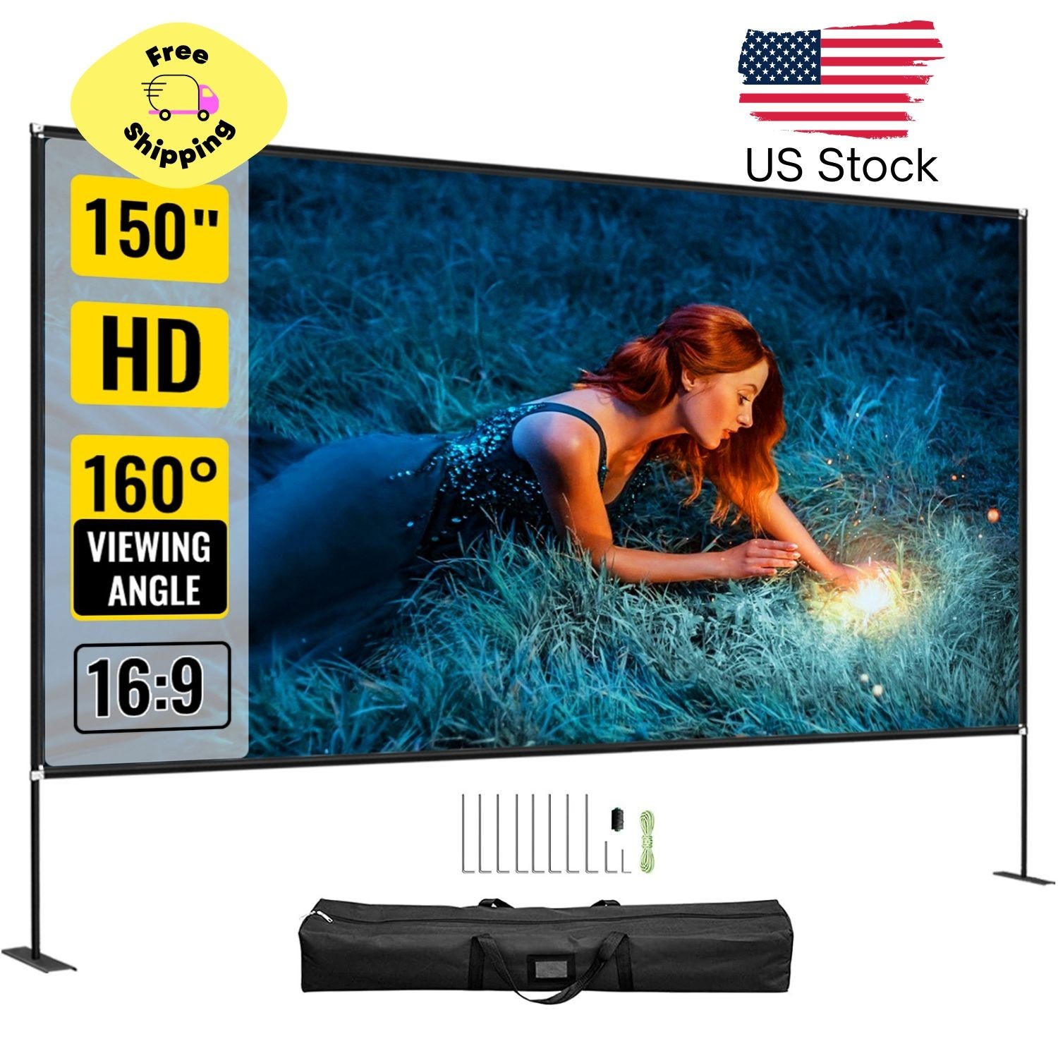 Outdoor Movie Screen w/ Stand, 150" Portable Movie Screen, 16:9 HD Wide Angle
