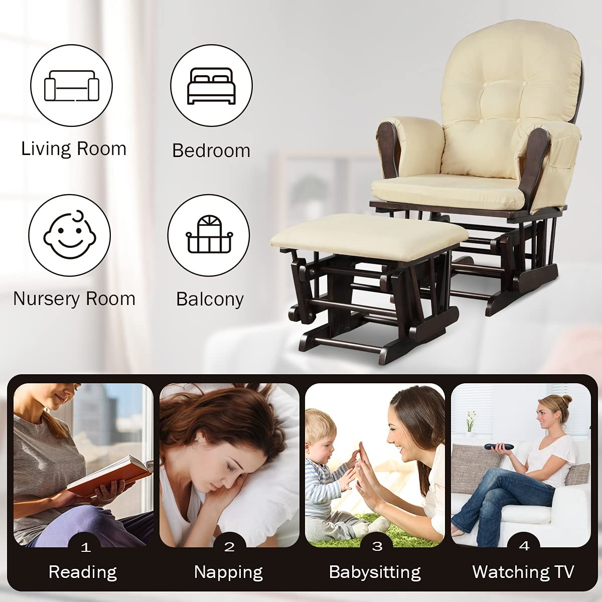 Costzon Glider and Ottoman Set, Wood 29.5” x 28.5” x 39.5” (L x W x H), Beige