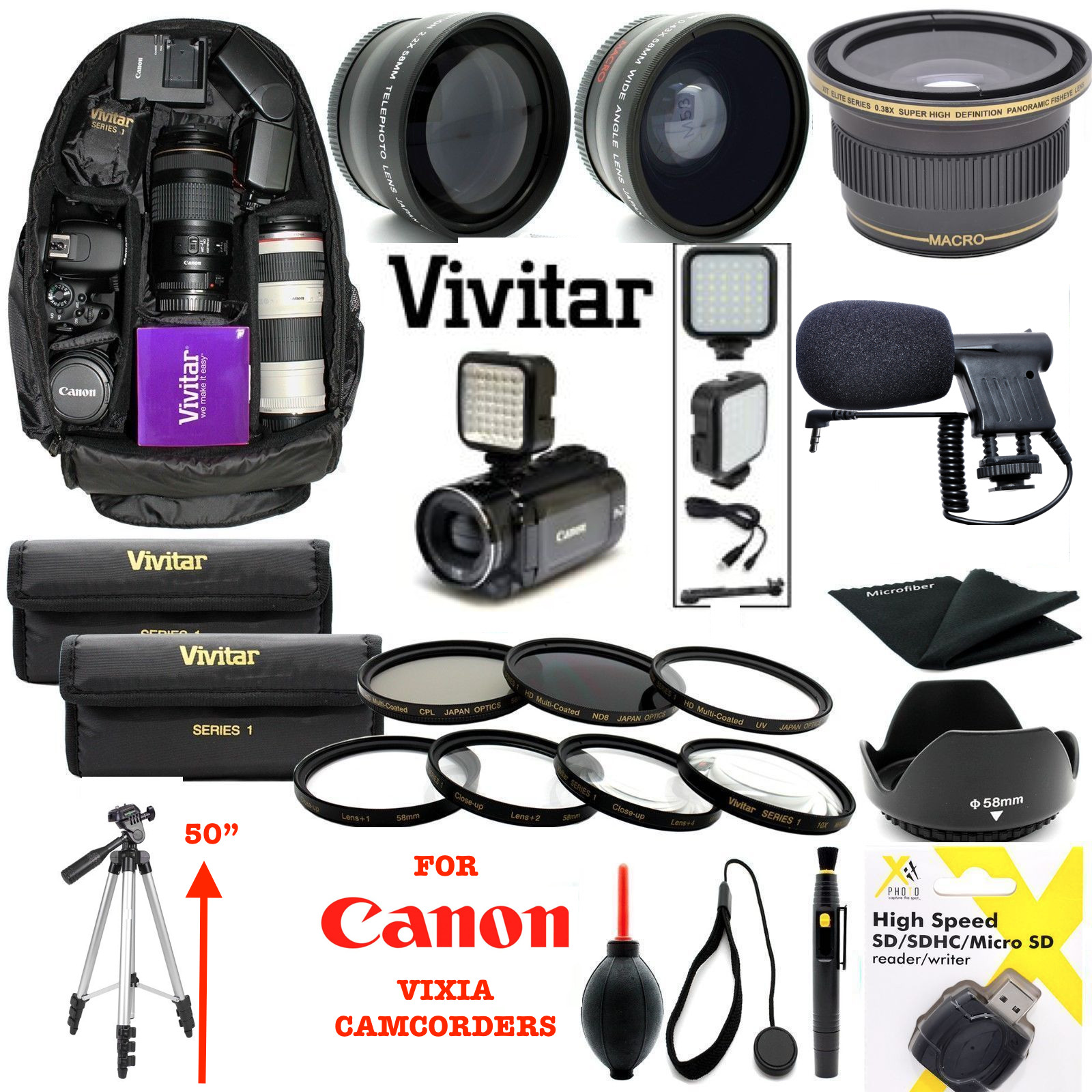 Canon VIXIA HF R800  GIANT HD ACCESSORIES KIT BACKPACK TRIPOD MICROPHONE LENSES