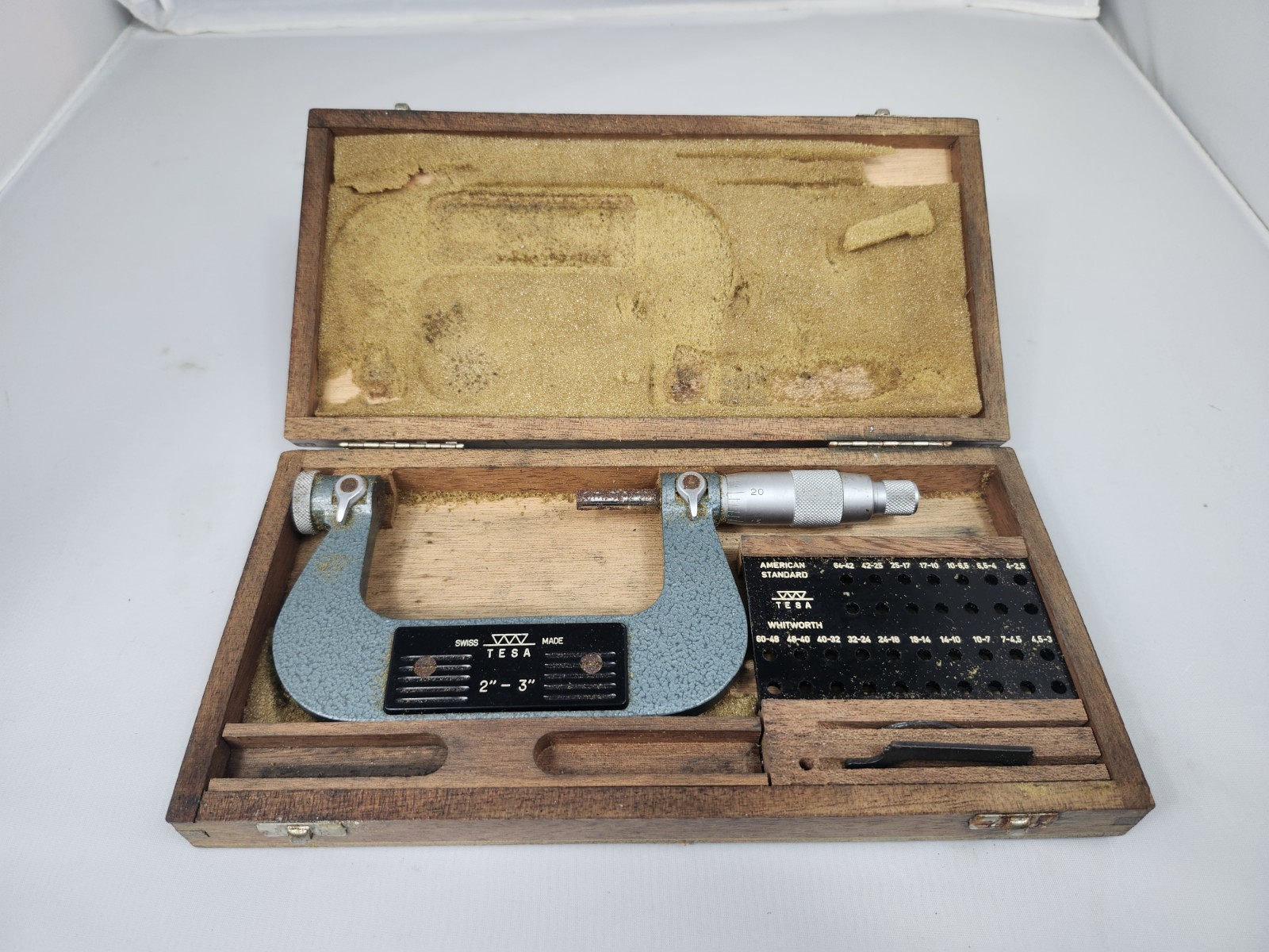 Tesa 2-3" Screw Thread Micrometer w/Original Wooden Case - Swiss