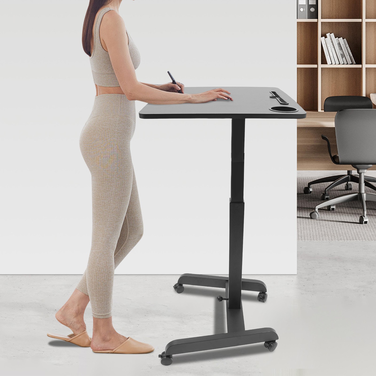 Mobile Standing Desk Adjustable Height Lectern Portable With Wheels & Cup Holder