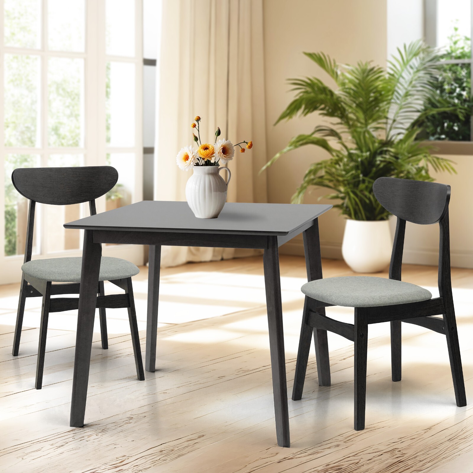 Set of 3 Dining Kitchen Square Table and 2 Yumiko Chairs, Espresso Color