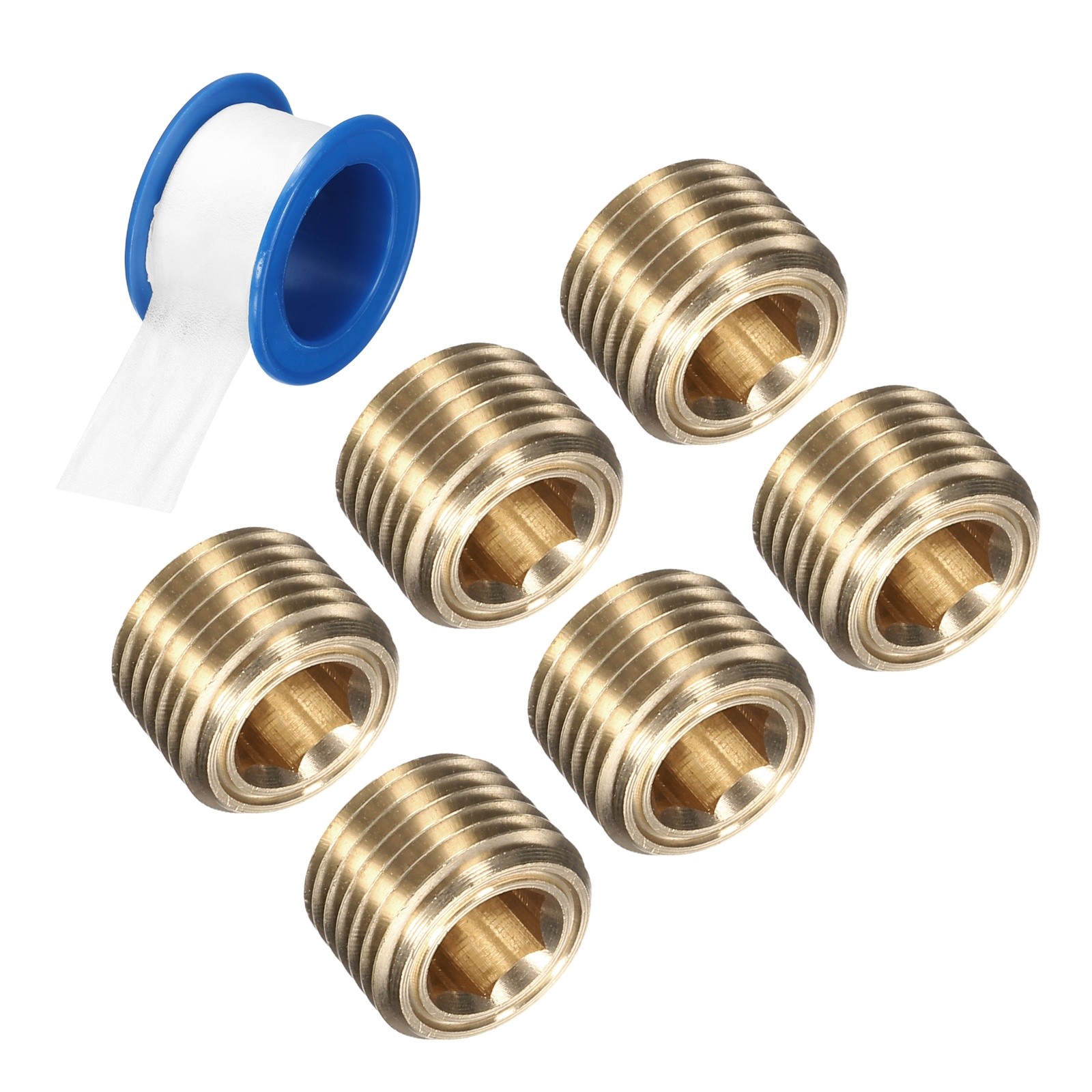 6Pcs 1/8 NPT Brass Pipe Plug Fitting, Male Thread Internal Hex Socket Pipe Cap