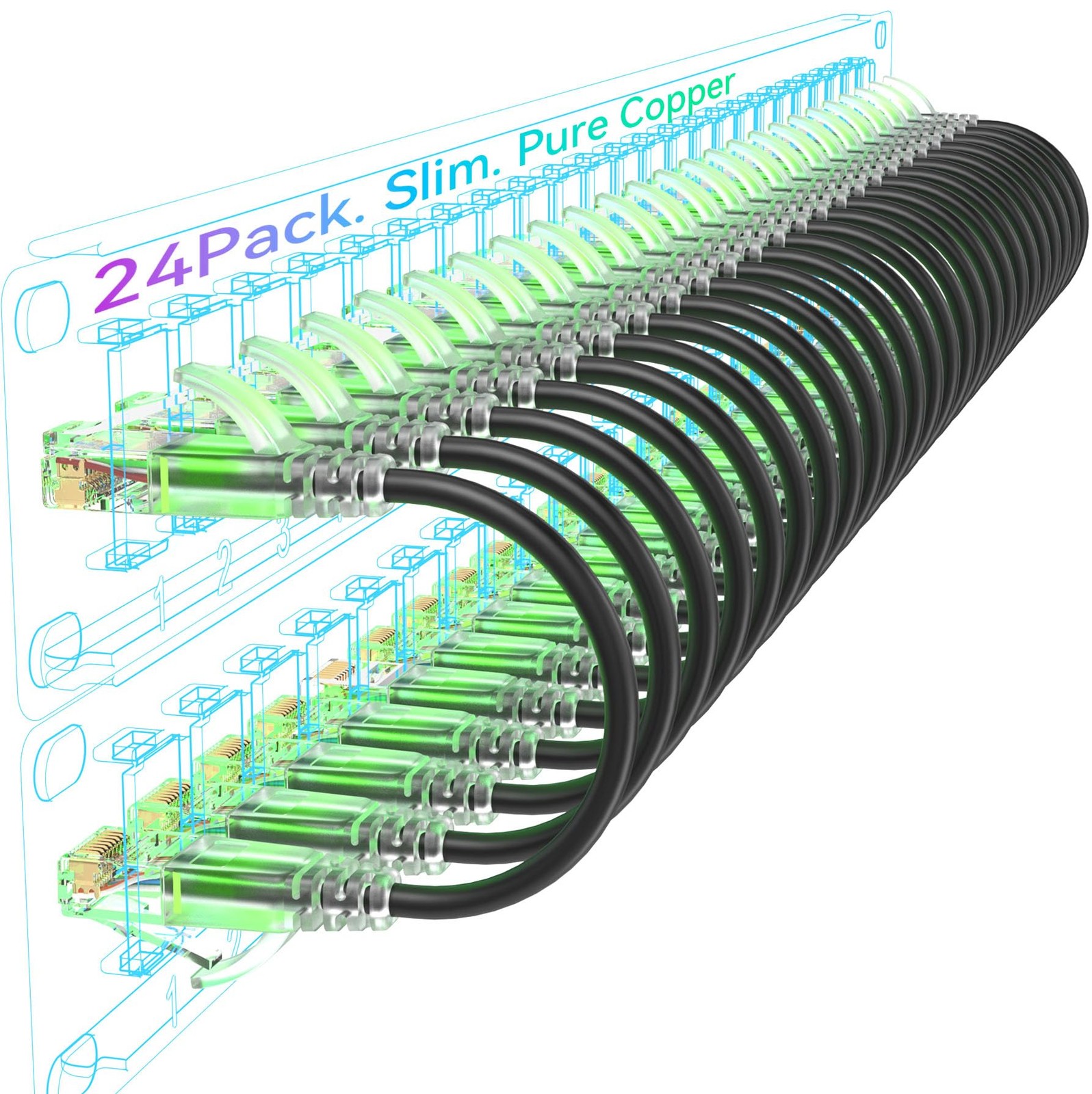 Sokqovt Cat6a Patch Cables Slim 15ft (24 Pack), Flexible Ethernet Cable 10G