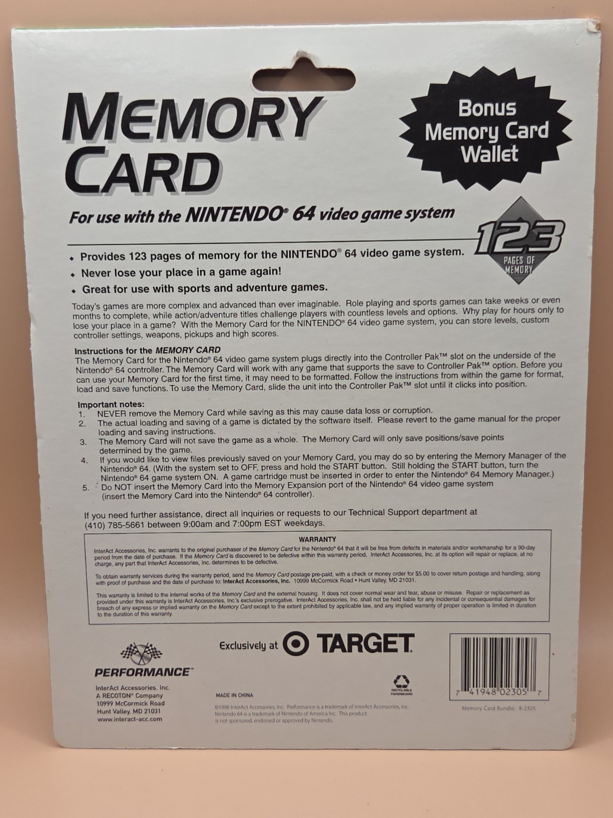 Performance N64 Nintendo 64 Memory Card With Memory Card Wallet Brand New!