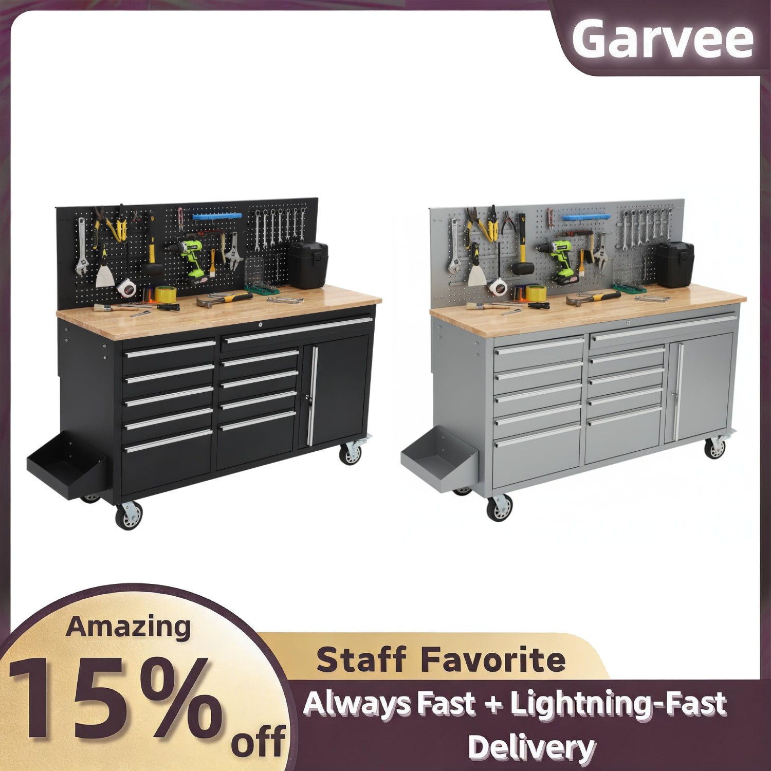 10 Drawer Garage Workbench, 61" Rolling Cabinet, Power Strip, Rubber Wood Top