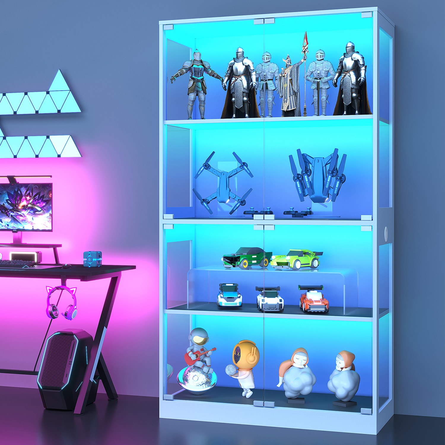 4-Tier Display Cabinet with Glass Doors 65" Tall Curio Cabinet with LED Lights