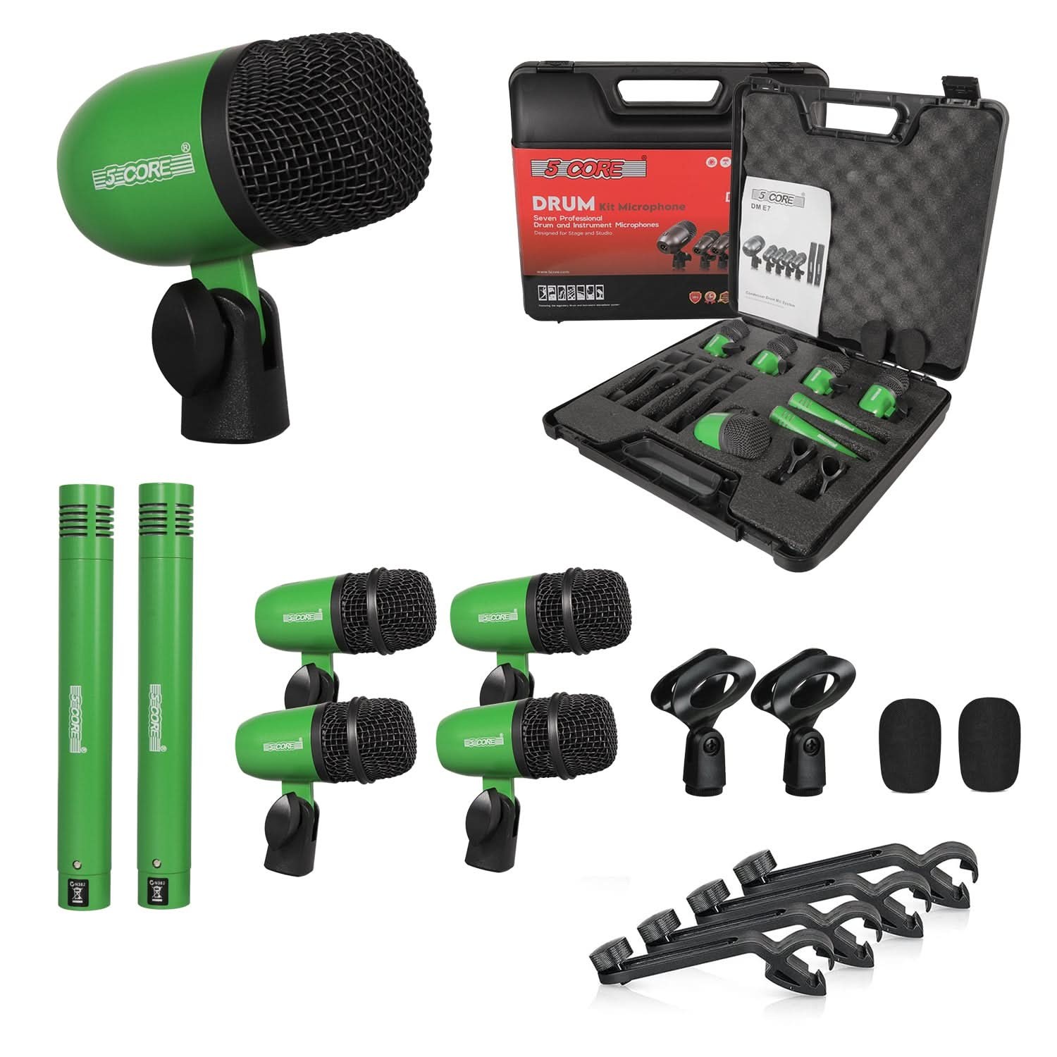 5 Core Drum Microphone Kit 7Pc All Metal Drummer Mics Tom/Snare & Cymbals Wired