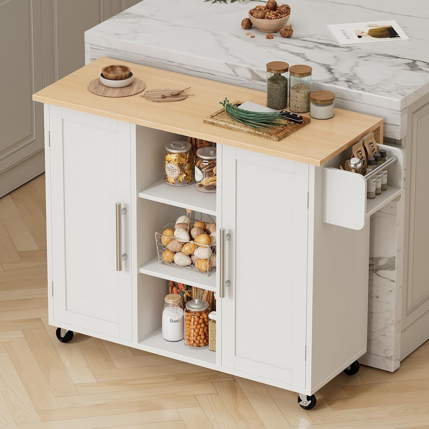 42" Wooden Kitchen Island Cart On Wheels with Drop Leaf,Rolling Kitchen Cabinet