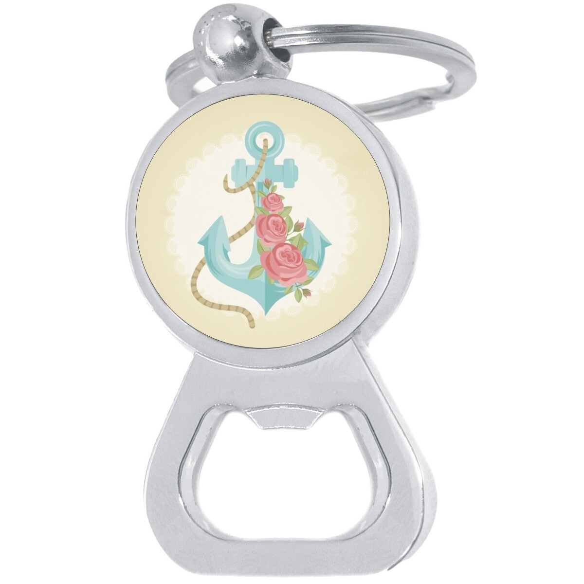 Anchor and Roses Bottle Opener Keychain - Metal Beer Bar Tool Key Ring