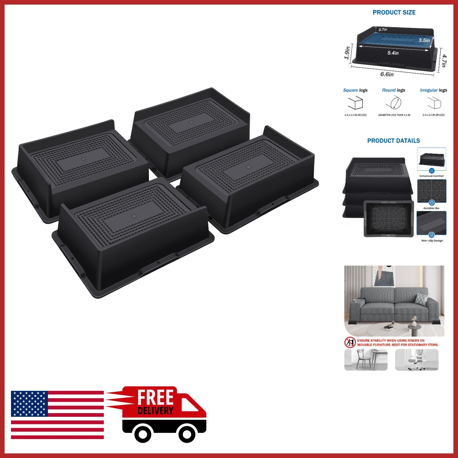 Space-Saving Bed Risers 2 Inch Black for Couches and Chairs 6000 lbs Support