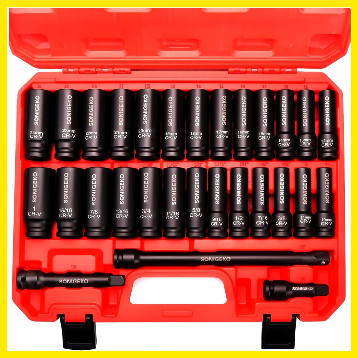 29-Piece 1/2" Drive Impact Socket Set, 6-Point Deep Standard SAE & Metric 3/8...