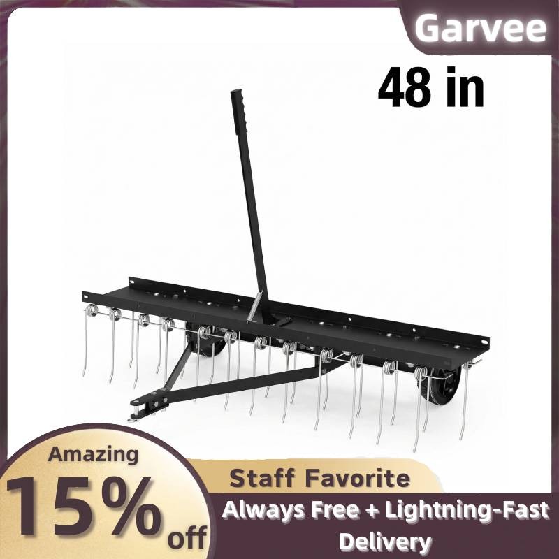 48-Inch Lawn Sweeper Rake Tow Behind Dethatcher 24 Tines ATV Mower Gloves