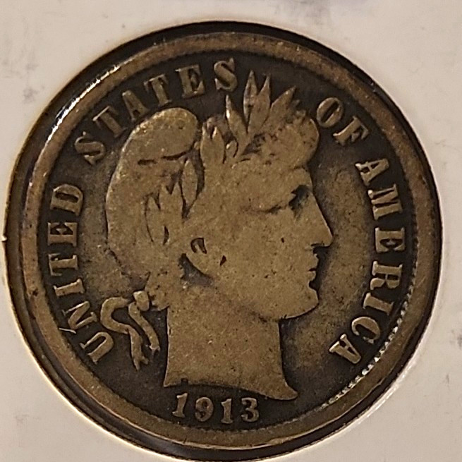 1913-S Barber Dime 10C Business Strike Silver 0.9 Fine KM#113
