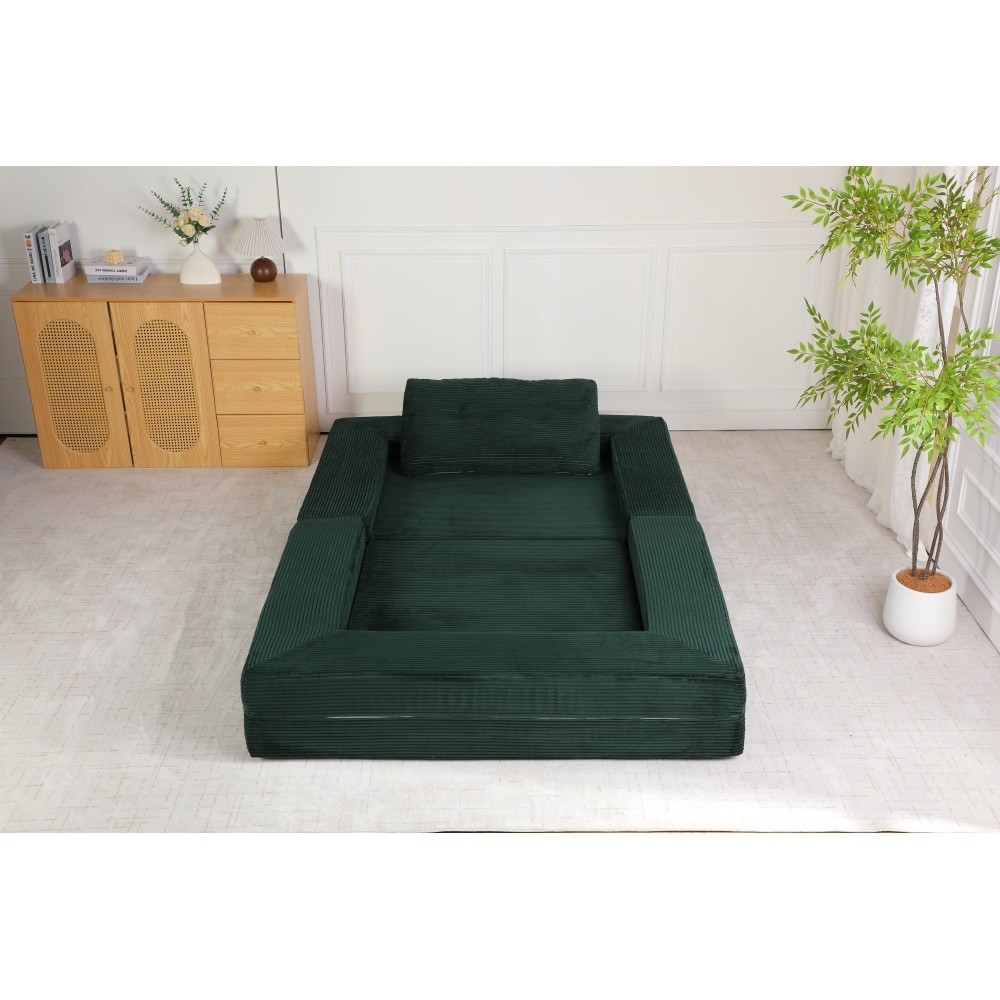 Corduroy Floor Sofa Bed w/ Pillow for Adults & Pets, Dark Green