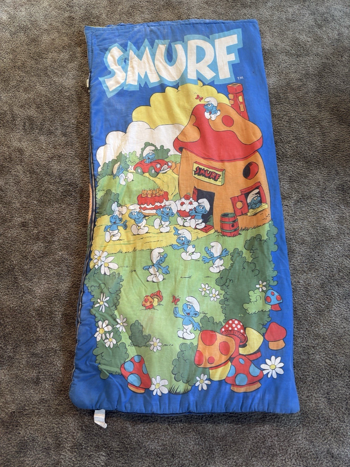 VTG Smurfs Cartoons All Over Print Wenzel 1980's Kids Zip Up Sleeping Bag READ