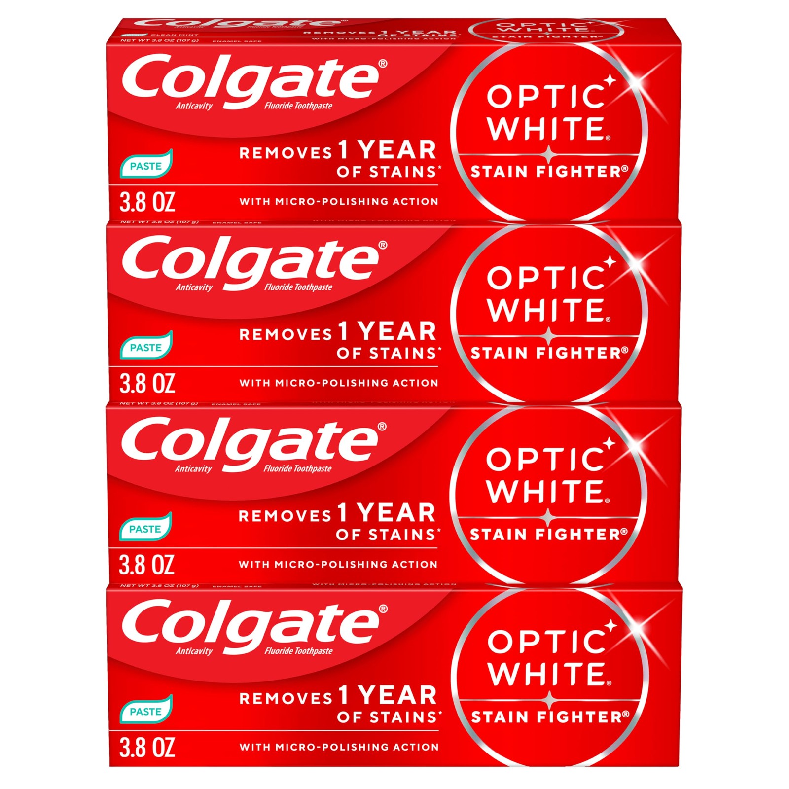 Colgate Optic White Stain Fighter Whitening 3.8 Ounce (Pack of 4),
