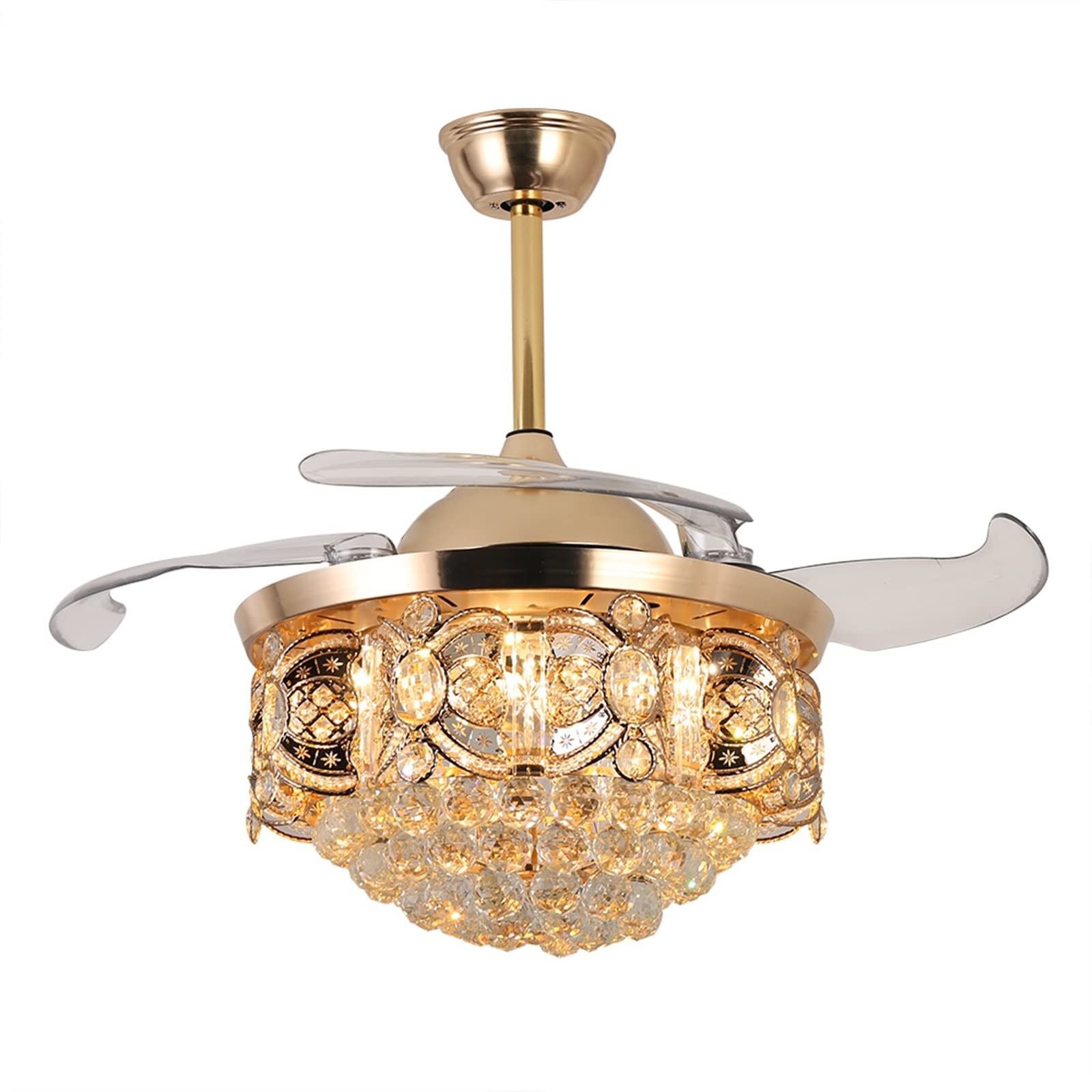 Modern 42" Crystal LED Invisible Ceiling Fan Chandelier Lamp Light w/Remote Gold